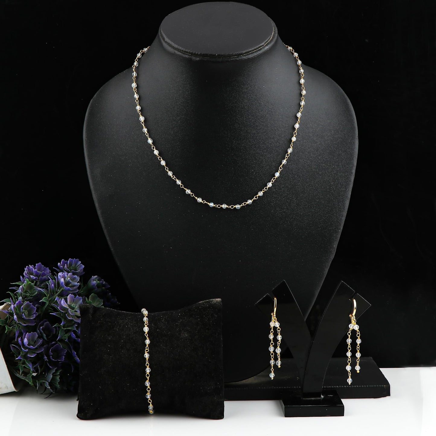 CRYSTALINES (3pcs) Natural Labradorite Gemstone Cluster Jewelry Combo Set, 14K Gold Plated, Crystals Beads Rosary Chain, Handmade Bohemian Jewelry - Bracelets, Necklace, Earrings for Women