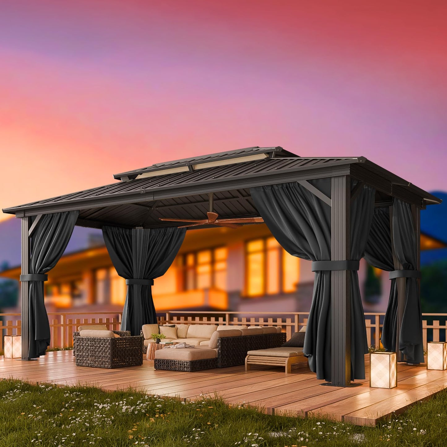 HOTEEL 10x15 Hardtop Gazebo On Clearance with Heavy Duty Galvanized Steel Metal Roof, Patio Hard Top Gazebo with Curtains & Netting,Outdoor Permanent Hot tub Gazebo Pavillon for Backyard,Deck,Black
