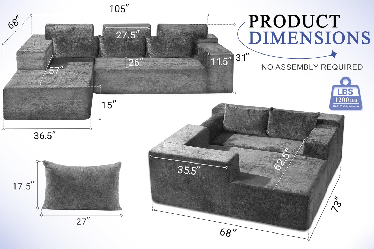 HABUTWAY 105" L-Shape Modular Sectional Sofa Couch for Living Room,No Assembly Required,Modular Comfy Sofa with Deep Seat for Living Room Bedroom,Luxury Distressed Velvet(Left,Grey)