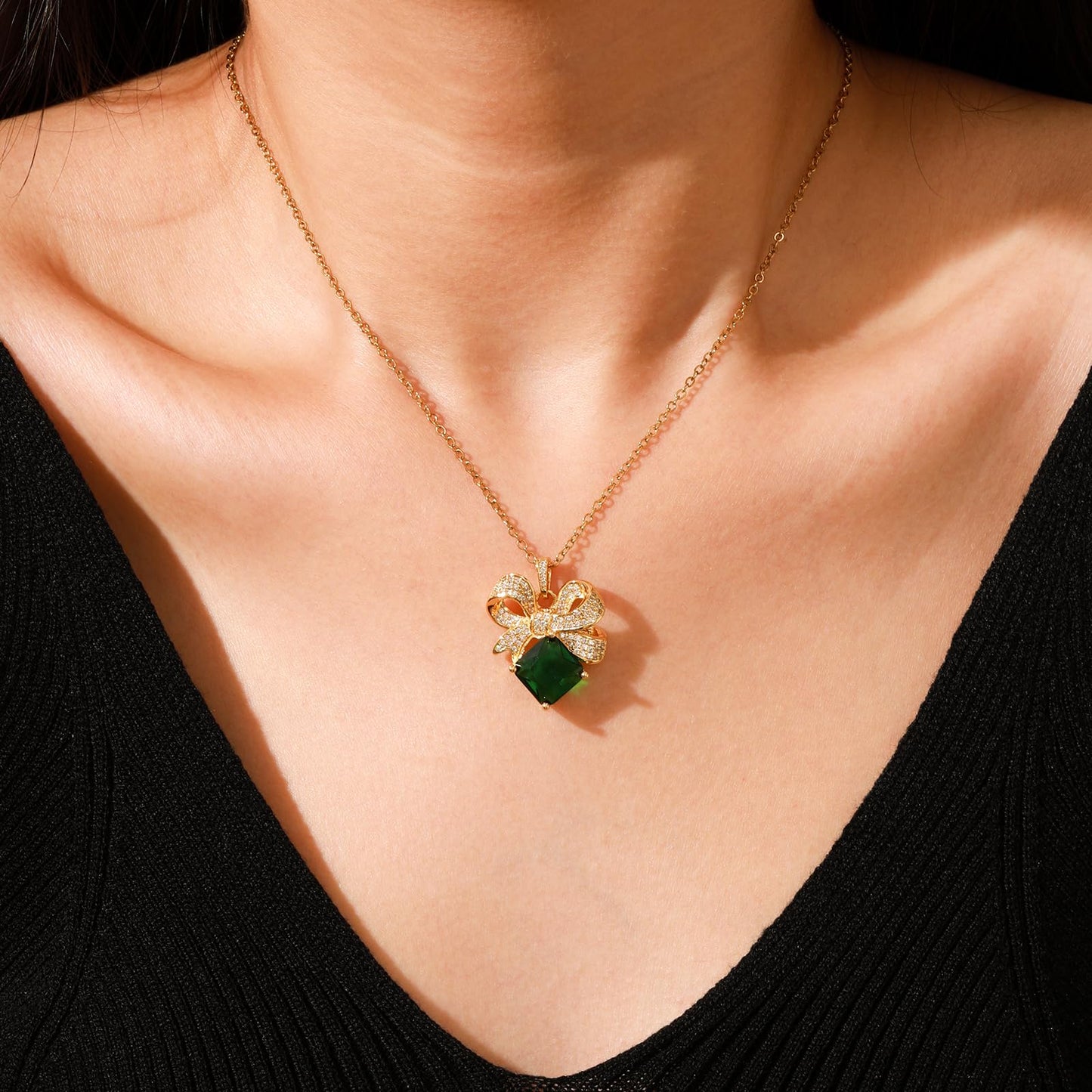 Emerald Square Bow Necklace for Women-Gold Plated May Birthstone Healing Crystal Vintage Necklace For Valentines Day Mother's Day Christmas Birthday Gifts