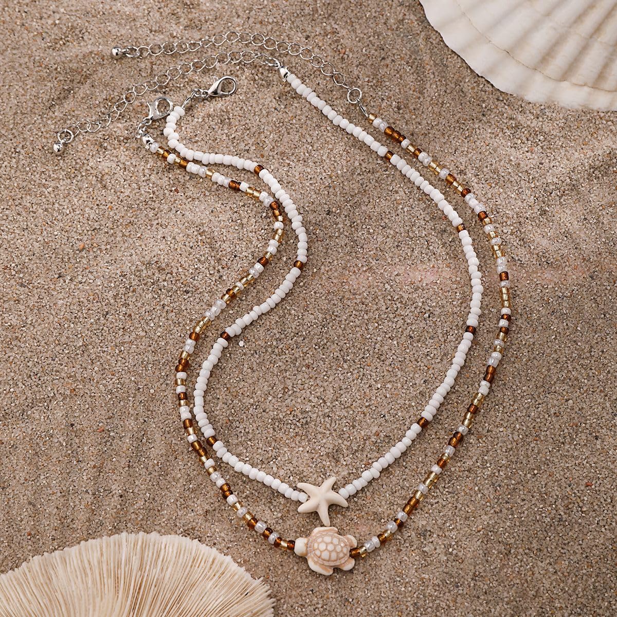 Sora Tuki Layered Starfish Necklace Beach Jewelry for Women Seashell Cowrie Puka Shell Necklaces for Women Beach Necklace Turtle Beaded Choker Necklaces Ocean Jewelry (2 - Beaded turtle)