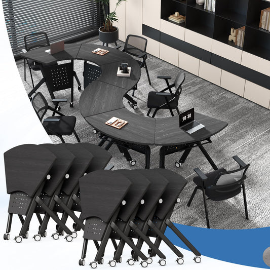 JFazzruit Folding Conference Table,Fan-Shaped Conference Room Tables with Wheels, Mobile Modular Seminar Meeting Desk for Classrooms,Office & Seminar (8, Fan-Black)