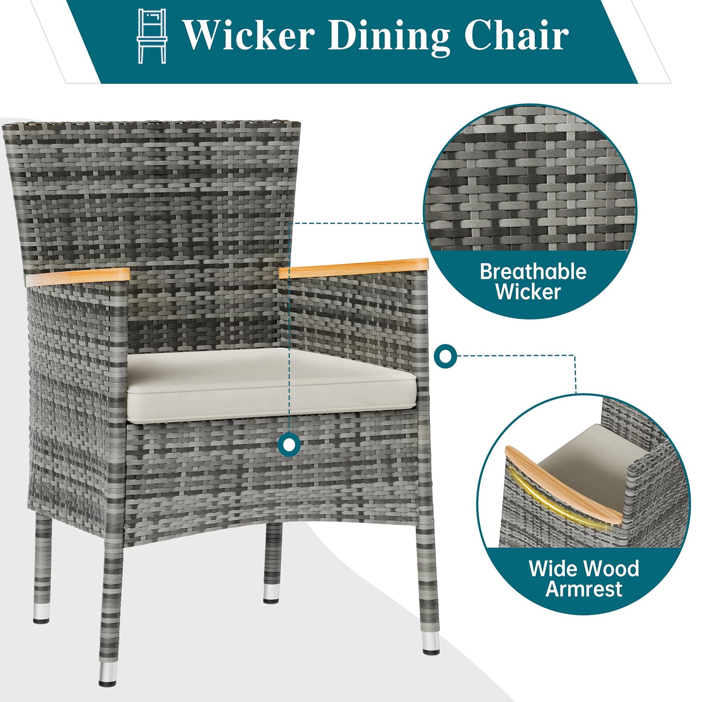 Shintenchi 7 Piece Patio Dining Set, Wicker Patio Conversation Set with Wooden Table Top, Outdoor Table and Chairs with Soft Cushions for Backyard, Deck and Garden, Grey Wicker