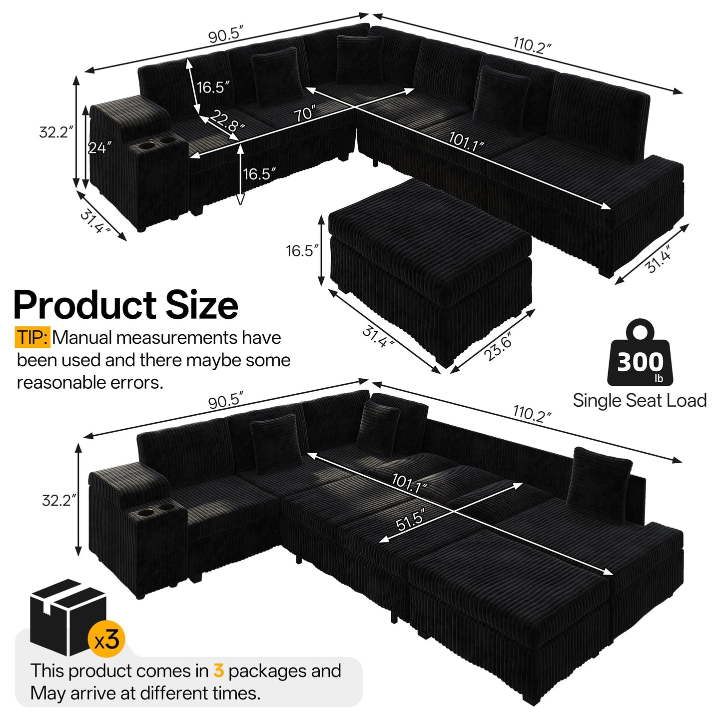 KEIKI 110" L-Shaped Oversized Plush Corduroy Modular Sectional Sofa with Pull-Out Bed, Convertible 6-Seater Sleeper Couch Bed with 1 Ottomans & USB & Cup Holders, Easy Assembly, for Living Room, Black