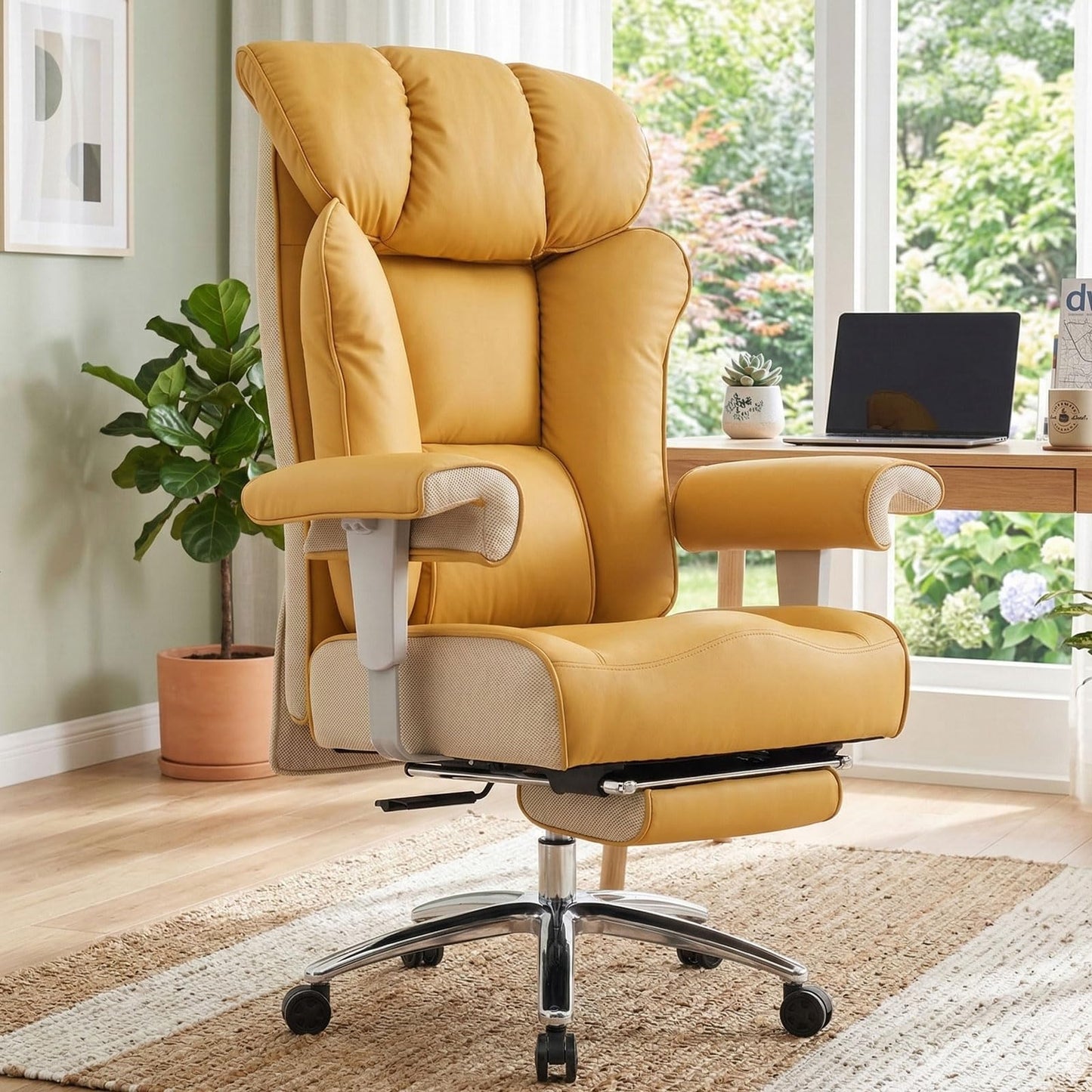 Efomao Big and Tall Green Office Chair 450LBS – Ergonomic High-Back Executive Chair with Footrest, Adjustable Padded Armrests, PU Leather Computer Chair with Lumbar Support for Home or Office, Yellow