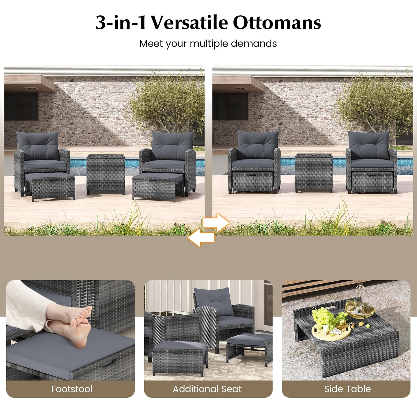 Tangkula 5 Pieces Patio Conversation Set, PE Wicker Rattan Outdoor Furniture Set with 2 Chairs, 2 Ottomans & Tempered Glass Coffee Table, Ideal for Poolside, Backyard, Lawn, Deck, Grey