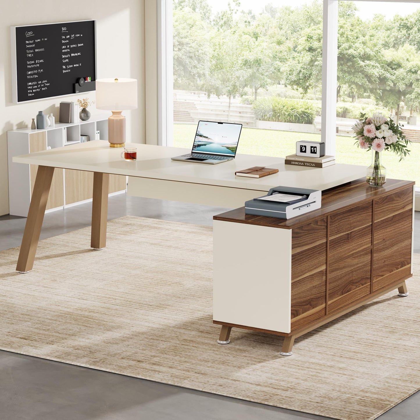Tribesigns 78.7-Inch Executive Desk, L-Shaped Desk with 55-Inch Cabinet, Large Office Desk with Storage Shelves, Modern Computer Desk for Home Office, White & Walnut