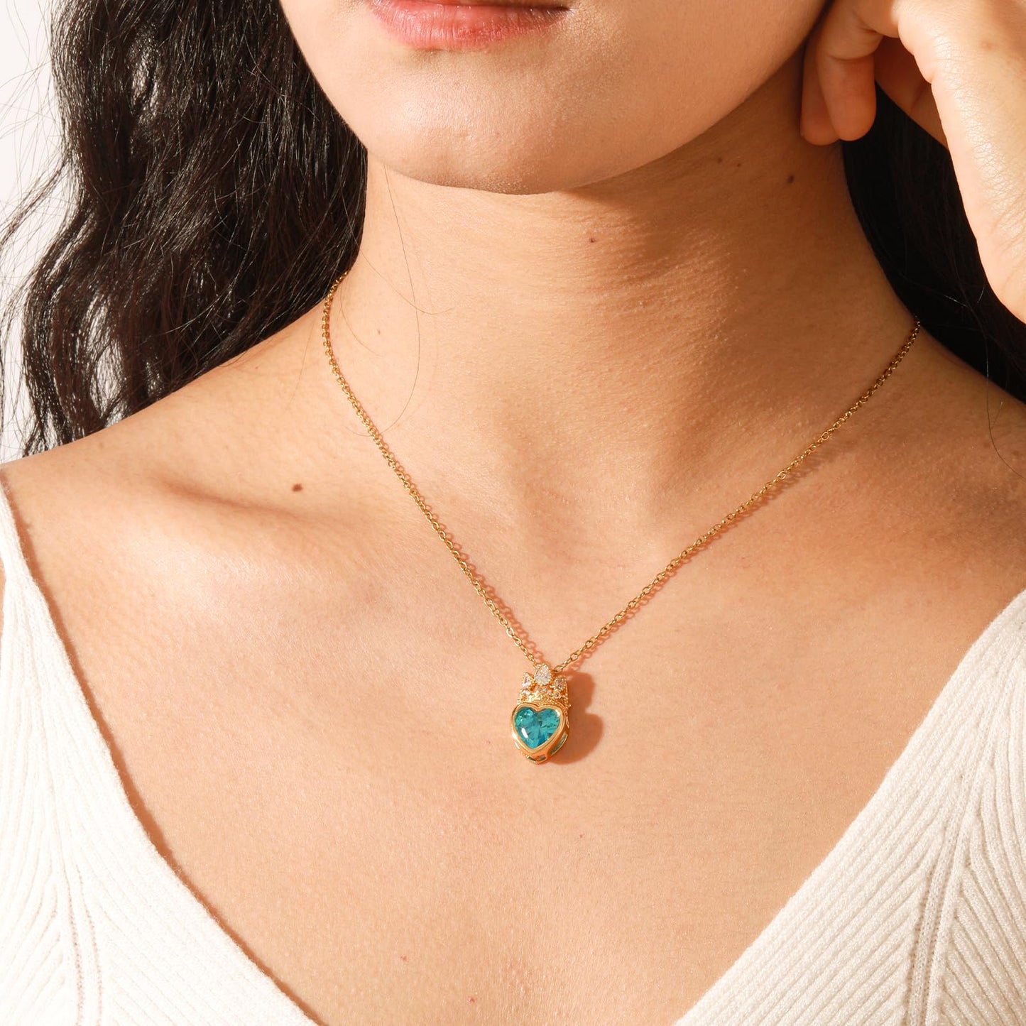 crataly Aquamarine Crown Heart Necklace for Women-Gold Plated March Birthstone Princess Necklace For Valentine's Day Mother's Day Christmas Birthday Gifts