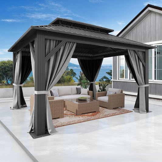 DWVO 14x12FT Gazebo Hardtop Outdoor Double Roof with Nettings and Curtains, Heavy Duty Galvanized Steel Roof Aluminum Gazebo for Patio, Backyard, Deck, Lawns, Gray