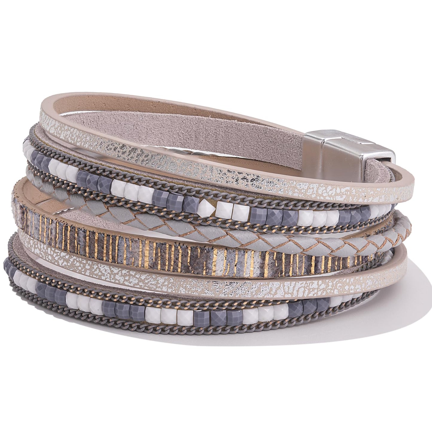 FANCY SHINY Boho Leather Wrap Bracelets Trendy Layered Bracelets with Magnetic Clasp Strackable Bohemian Cuff Jewelry Gifts for Women(Grey)