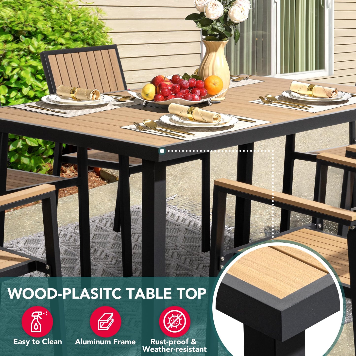 Pamapic 8-Piece Patio Dining Set，Outdoor Aluminum Furniture Set with Plastic-Wood Table Top,Outdoor Furniture Set with 6 Outdoor Stackable Chairs for Patio Garden Poolside (Teak)