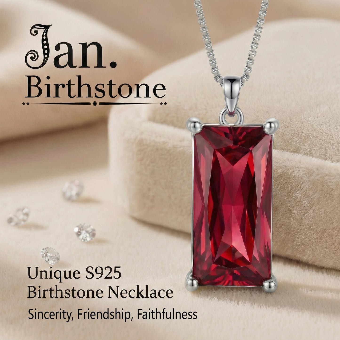 Kuschelkatze 8mm x 16mm Square January Birthstone Garnet Pendant Necklace – Fashion charming Sterling Silver Gift for women