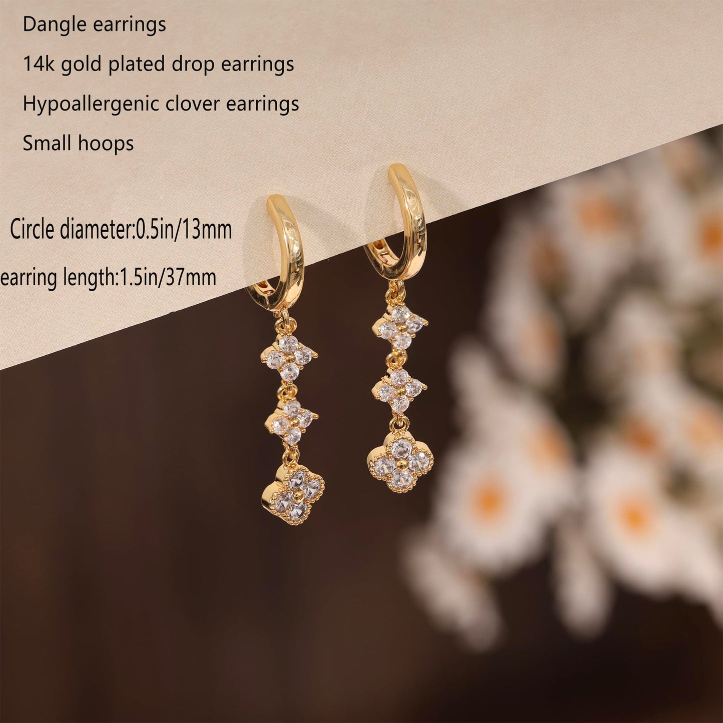 Voduim Long Gold Earrings for Women, Unique Bridal Wedding Earrings 14k Gold Plated Rhinestone Clover Drop Earrings for Women Trendy Elegant Dangle Earrings Fashion Prom Earring Jewelry