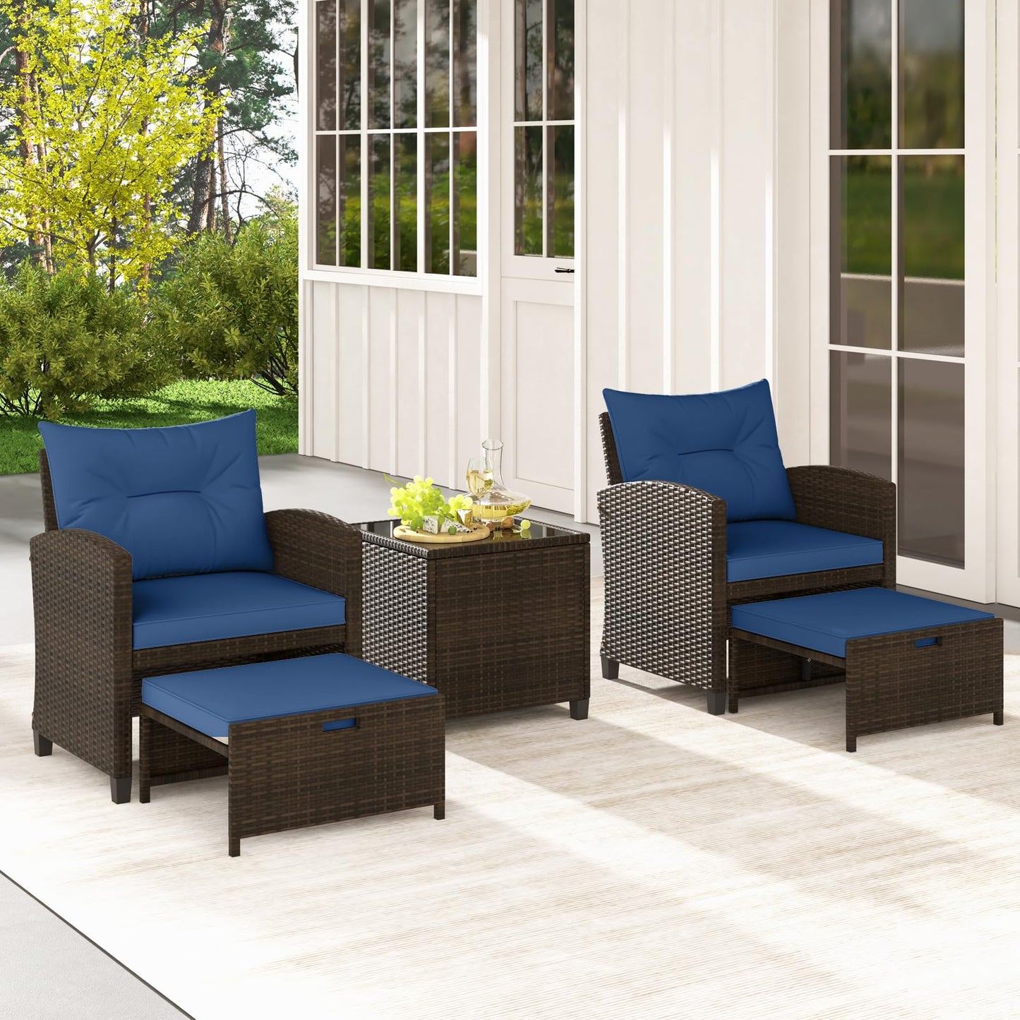 Tangkula 5 Pieces Patio Conversation Set, PE Wicker Rattan Outdoor Furniture Set with 2 Chairs, 2 Ottomans & Tempered Glass Coffee Table, Ideal for Poolside, Backyard, Lawn, Deck, Mix Brown & Navy