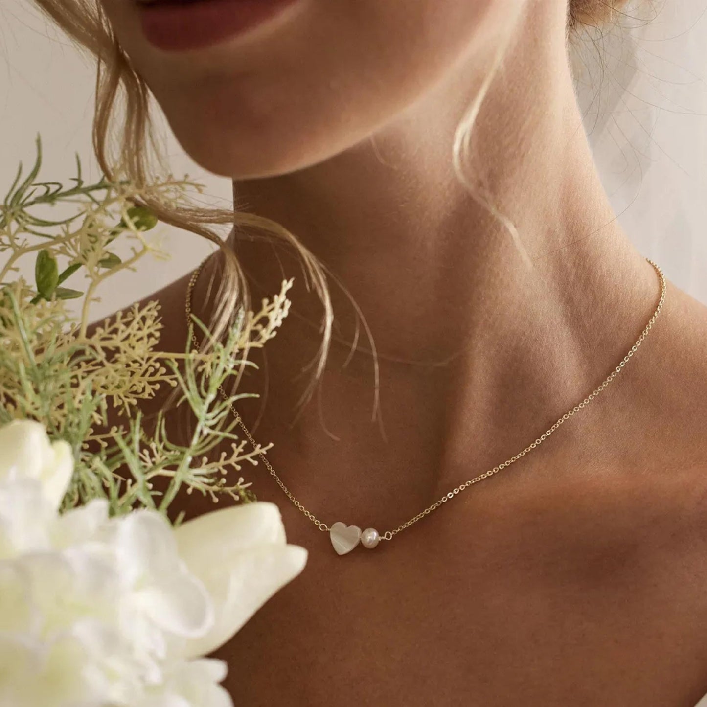 Caenyo Love Heart Pearl Necklace, A Romantic Gift for Her, 14K Gold Plated Dainty Jewelry for Wife, Girlfriend on Valentine's Day, Anniversary, Birthday, Adjustable 16+2"