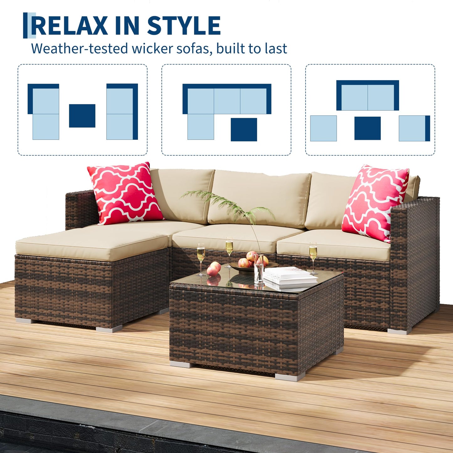GAOMON 5-Piece All-Weather Patio Furniture Set, Convertible Outdoor Sectional Sofa with Ottoman & Tempered Glass Table, PE Rattan Conversation Set for Garden, Backyard, Porch, Poolside