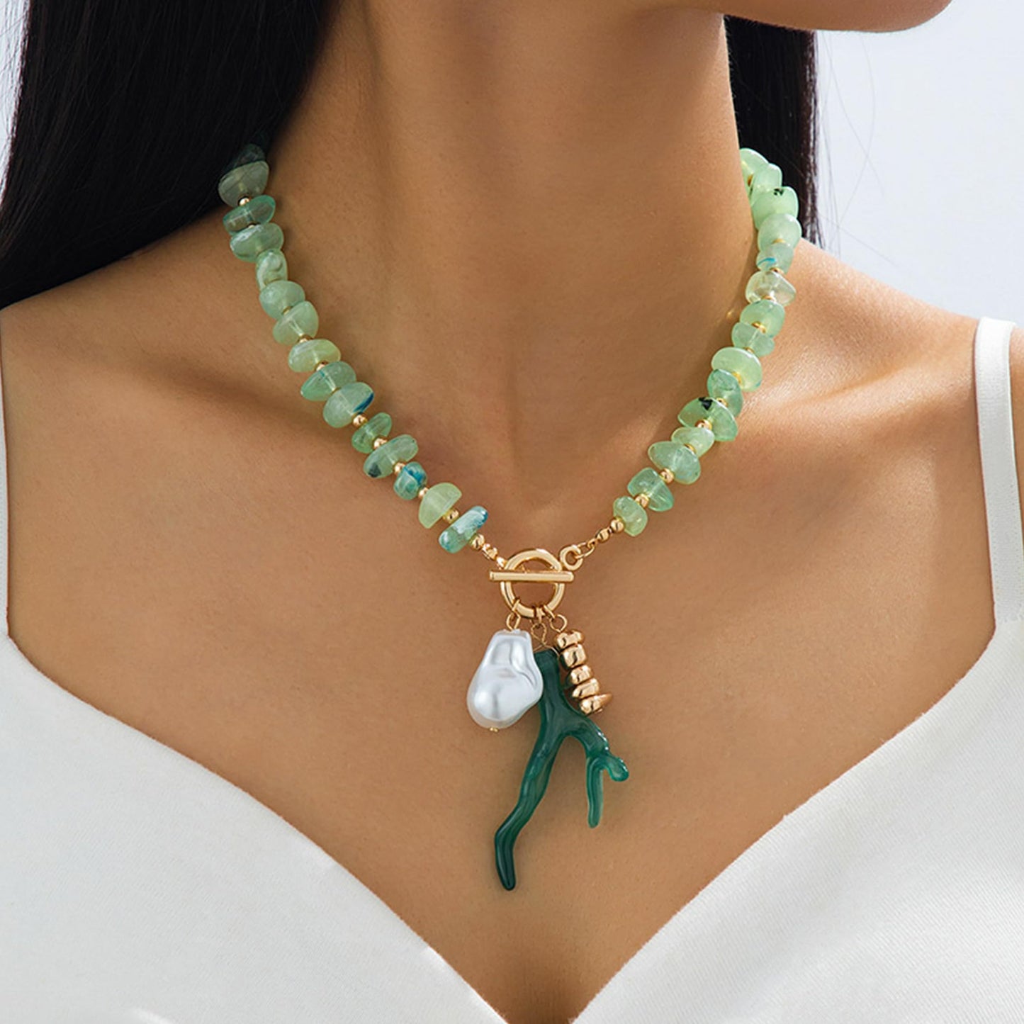 Ocean Coral Pendant Necklace for Women Green Acrylic Beaded Choker Gold OT Clasp Baroque Pearl Charm Necklace Boho Summer Beach Vacation Nautical Coastal Jewelry (Green)