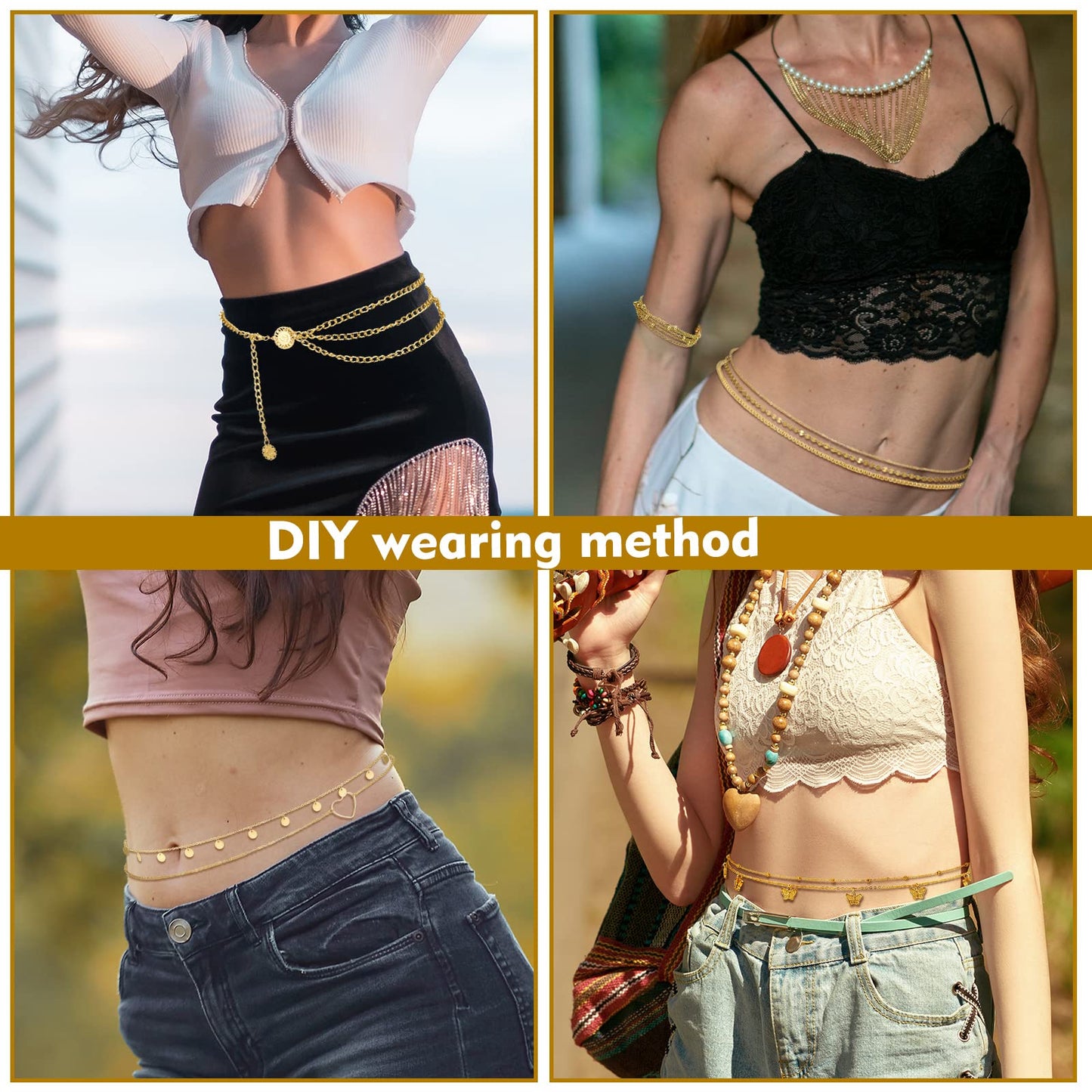 Lenwen 10 Pcs Summer Beach Belly Chain Adjustable Waist Multi Layered Chain Waist Jewelry for Women Girls Multilayer Body(Classic Style,Gold)