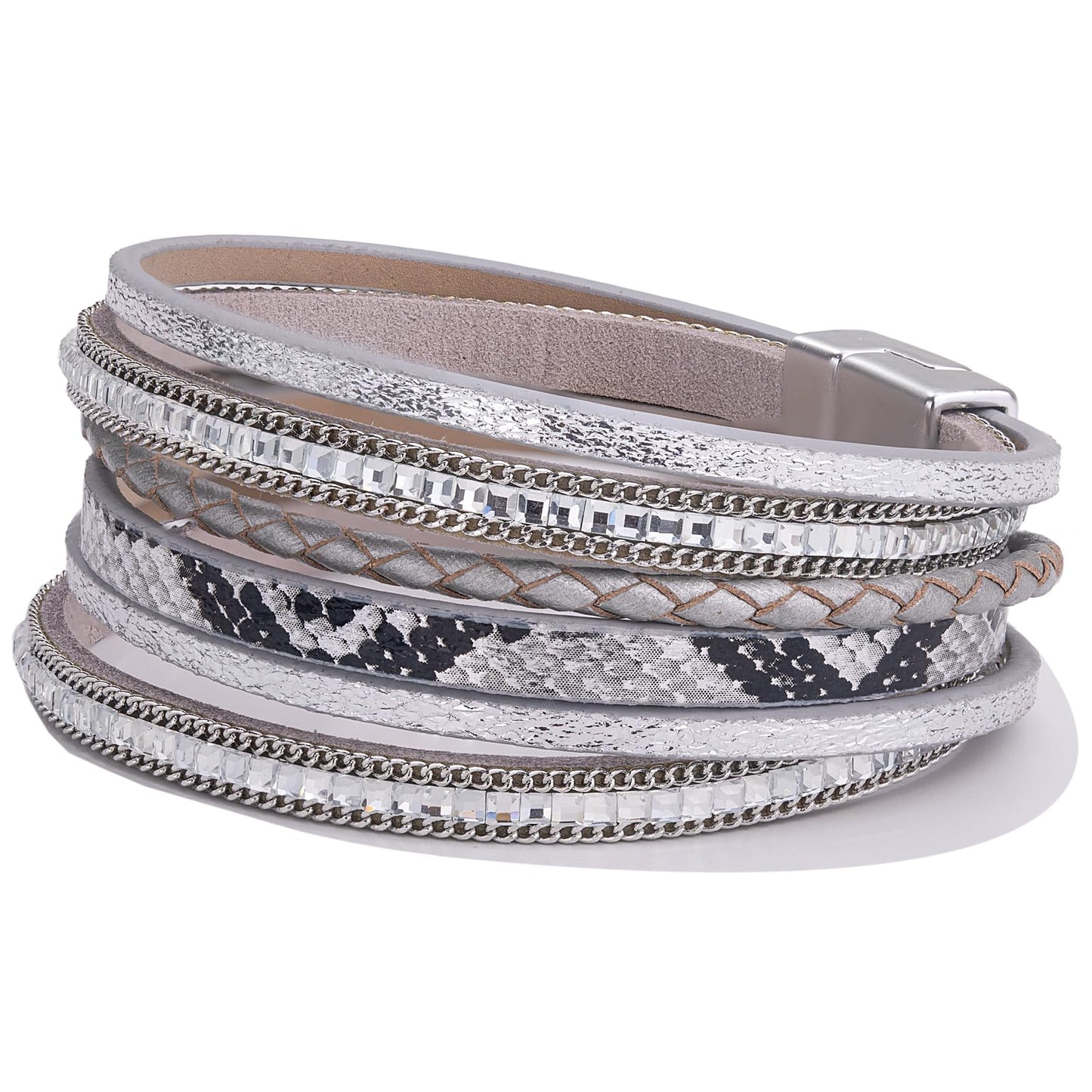 FANCY SHINY Boho Leather Wrap Bracelets Trendy Layered Bracelets with Magnetic Clasp Strackable Bohemian Cuff Jewelry Gifts for Women(Metallic Gray)