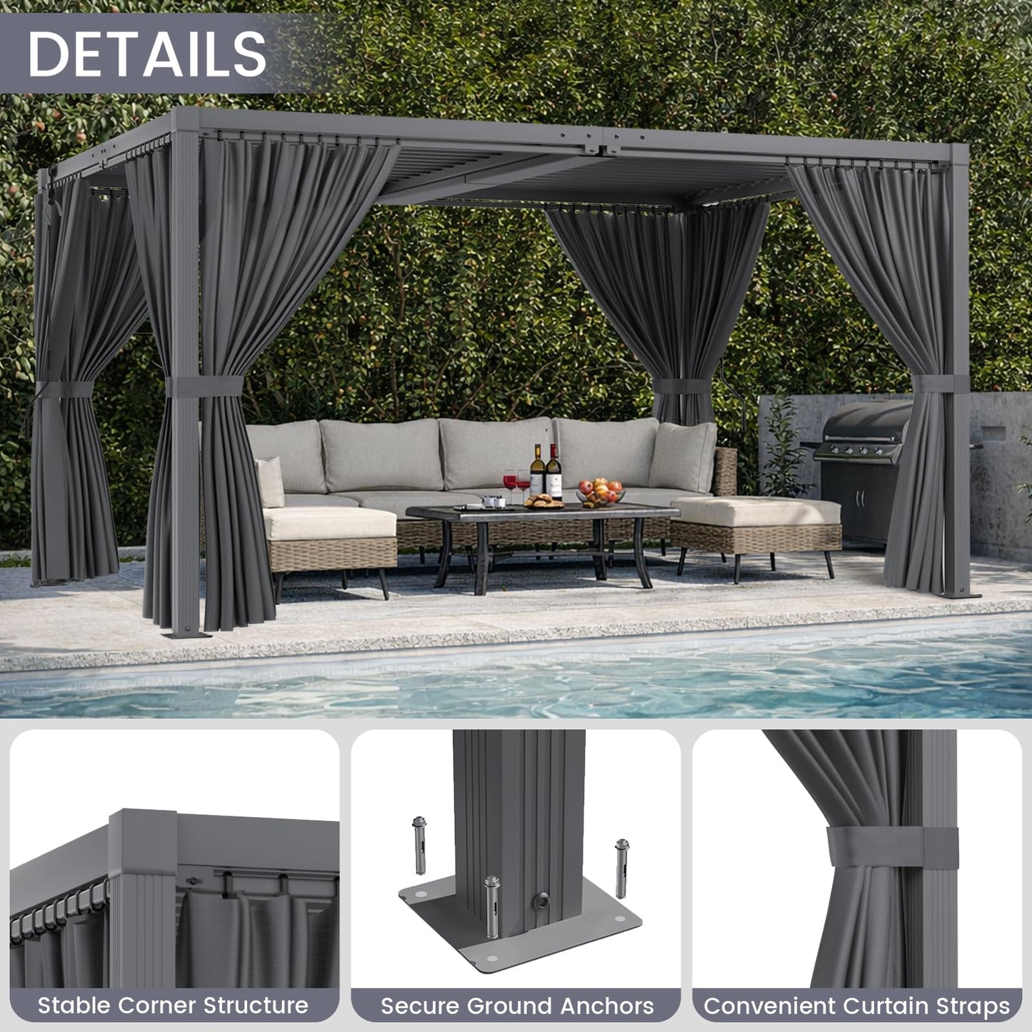 SAILARY Louvered Pergola 10' x 13' with Waterproof Curtains, Outdoor Aluminum Pergola with Reinforced Steel Roof, Heavy-Duty Hardtop Gazebo, Privacy Privacy Shaded Shelter, Grey
