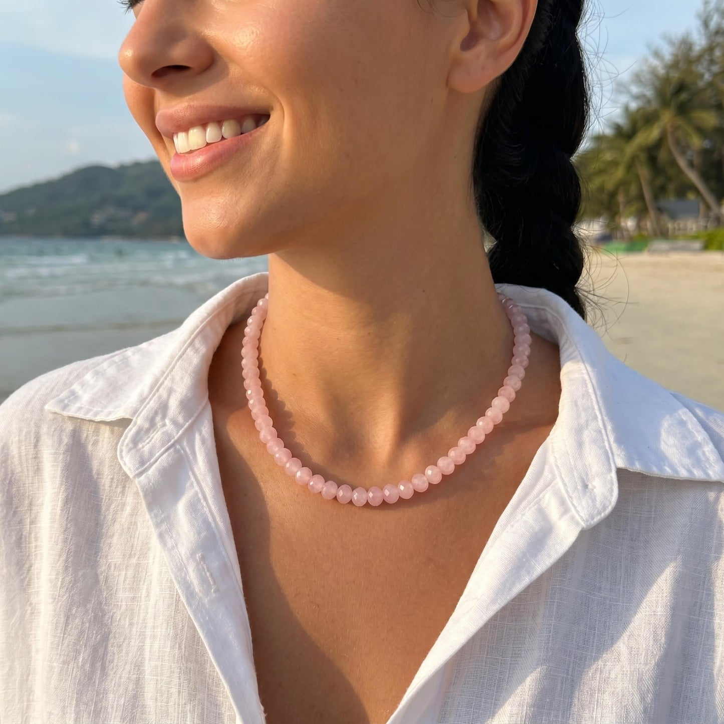 Badu Pink Gemstone Beaded Necklace for Women Natural Stone Bead Beach Choker Necklace Fashion Trendy Jewelry Gifts