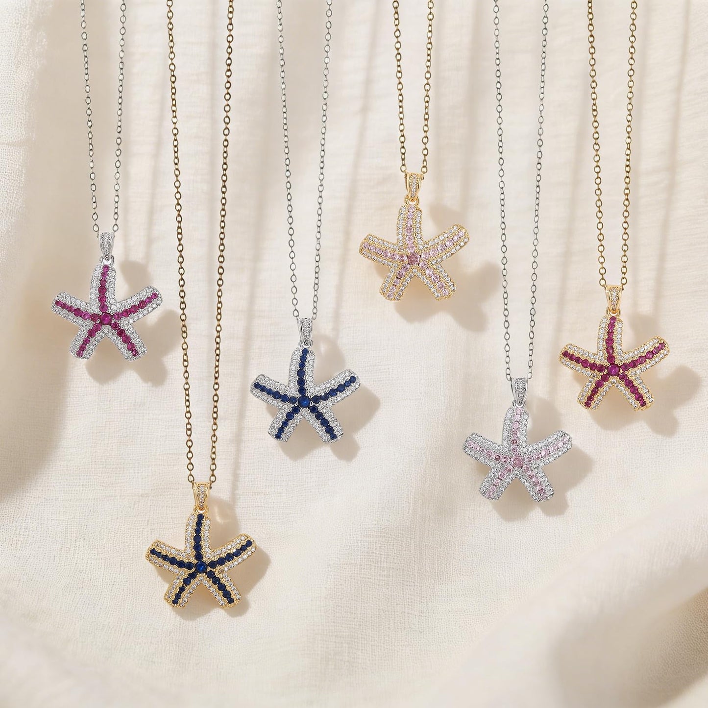 crataly Rose Quartz And CZ Starfish Necklace For Women-Silver Plated October Birthstone Necklace For Valentine's Day Mother's Day Christams Birthday Gifts