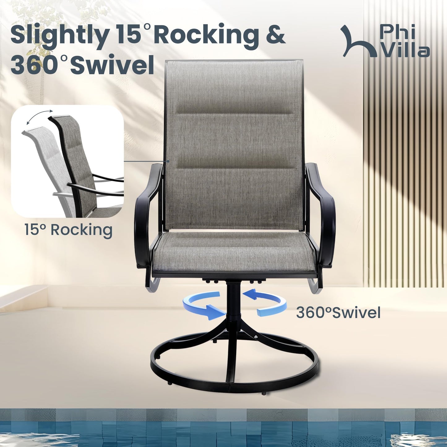 PHI VILLA Outdoor Patio Dining Set 5 Piece with 4 Padded Swivel Dining Chairs & 1 Large Round Dining Table, Textilene Mesh Fabric Chair and 42" Metal Table for All Weather