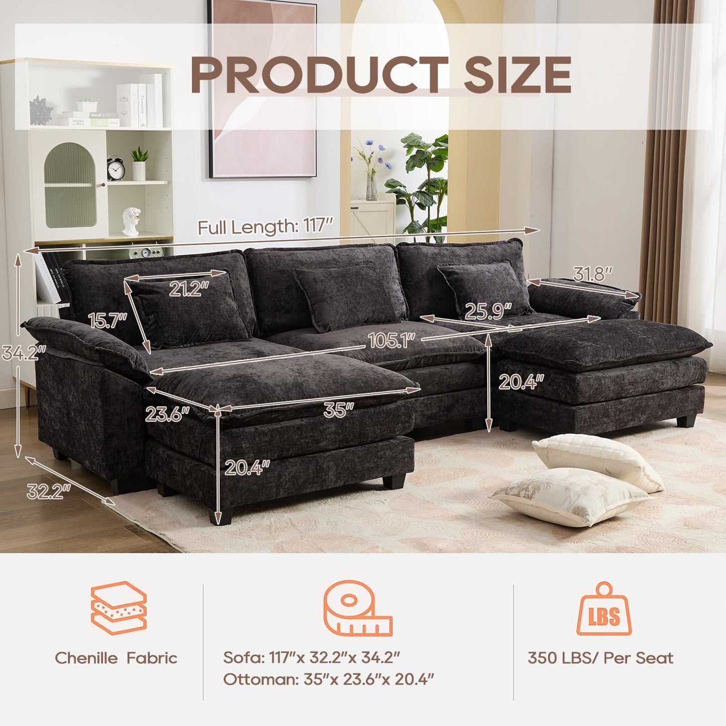 IPKIG 117" Modular Sectional Sofa, Chenille U-Shaped Sectional Couch Comfy Upholstered 3 Seat Sofa with 2 Ottoman, 3 Lumbar Pillow, Deep Seat Cloud Couch Sofa for Living Room, Black