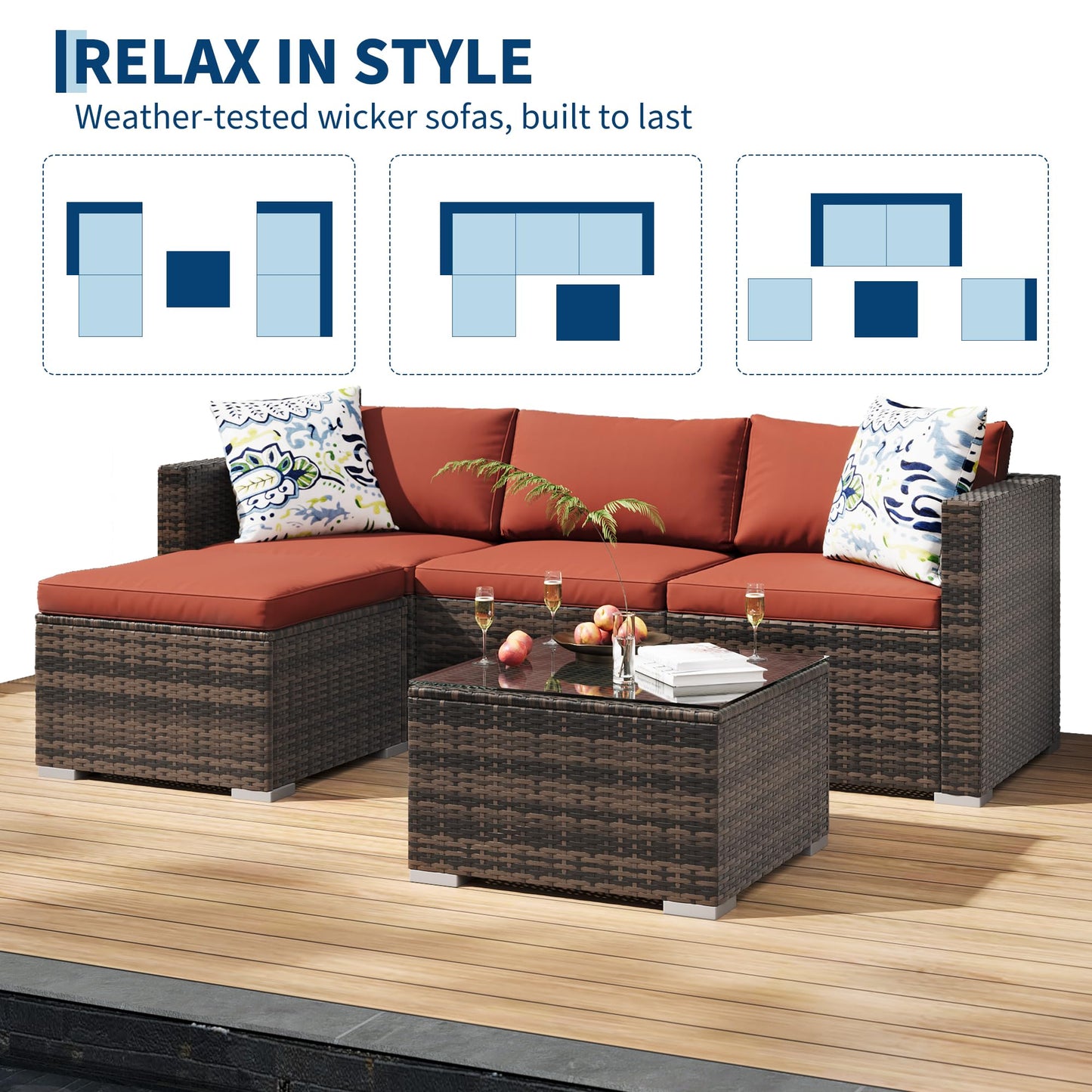 MilleLoom 5-Piece Outdoor Sectional Sofa Set, All-Weather PE Rattan Patio Furniture with Ottoman & Tempered Glass Table, Convertible Garden Couch for Backyard, Porch, Poolside (Brown/Wine Red)