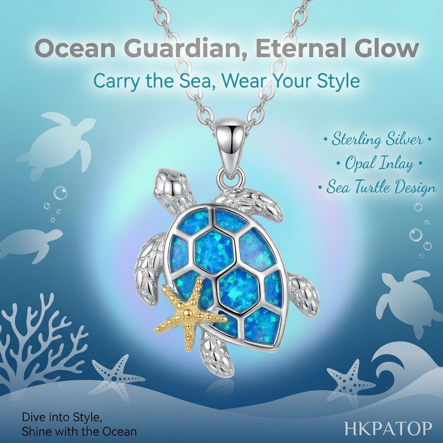 HKPATOP Sea Turtle Necklace 925 Sterling Silver Blue Opal Starfish Pendant Necklace Beach Ocean Turtle Jewelry Gift for Women