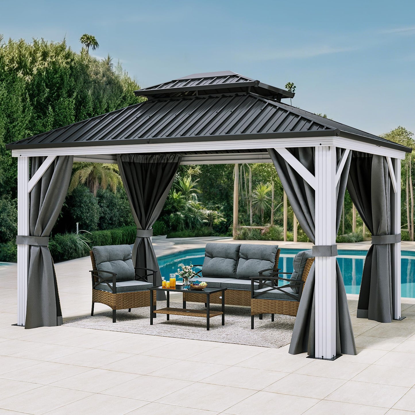 YITAHOME 10X12FT White Hardtop Metal Gazebo Patios Double Roof Canopy Aluminum Frame Garden Gazebo Tent Curtains Netting for Patios Backyards Decks Lawns
