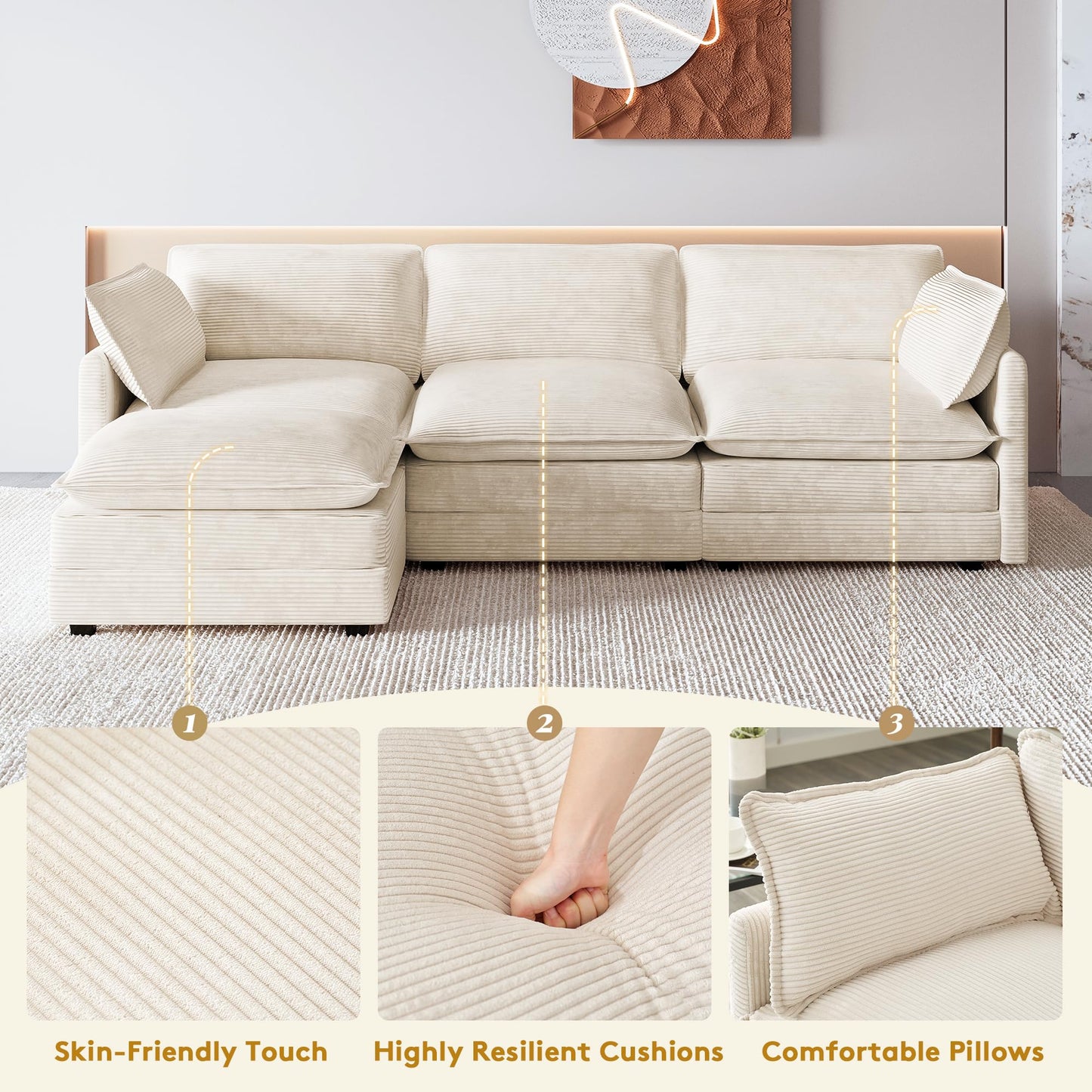ROWHY 112'' Oversized Modular Sectional Cloud Couch with Movable Ottoman, 4 Seat Modern Corduroy Sofa, Deep Seat L Shaped Couch for Living Room Bedroom Apartment, Cream