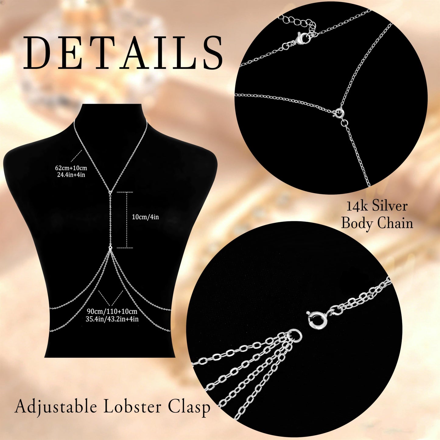 HERIER Silver Plated Body Chains for Women Layered Rhinestone Chain Adjustable Sexy Beach Bikini Bra Body Jewelry Summer Belly Waist Chain Jewelry for Women