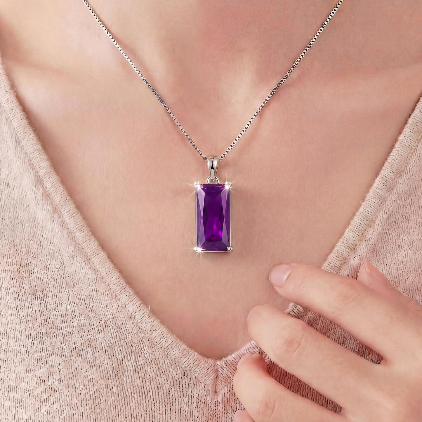 Kuschelkatze 8mm x 16mm Square February Birthstone Amethyst Pendant Necklace – Fashion charming Sterling Silver Gift for women
