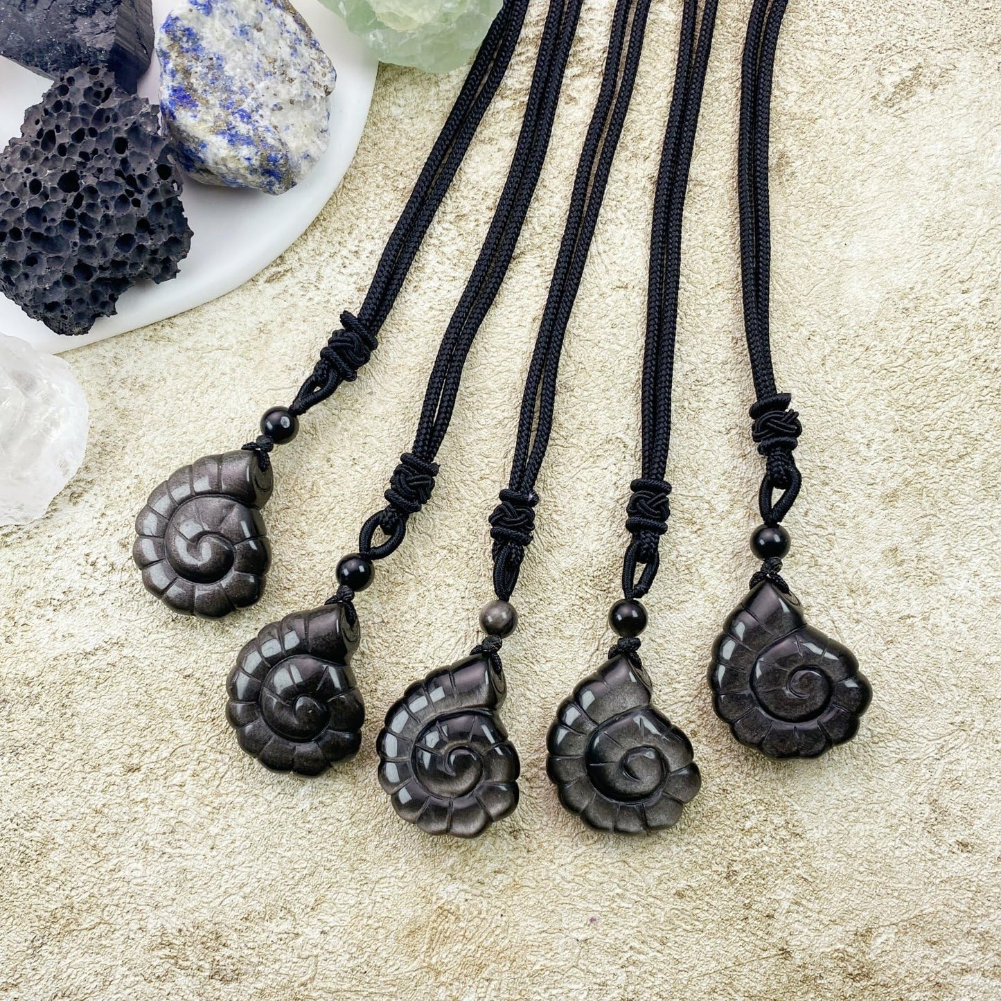 EDEN'S CALL Crystal Conch Shell Necklace for Women Healing Stone Ocean Pendant, Boho Beach Necklace with Polished Natural Gemstone Adjustable Cord Worry Stone Jewelry Gift, Silver Obsidian