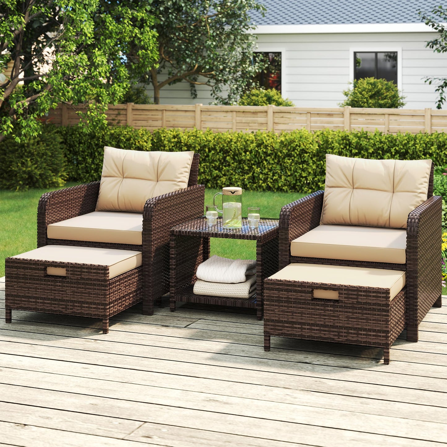LHBcraft Outdoor Furniture 5 Piece Patio Conversation Set, PE Rattan Patio Set with Soft Cushions & Coffee Table, Outside Furniture with Hidden Ottoman for Porch, Lawn, Garden, Balcony, Brown