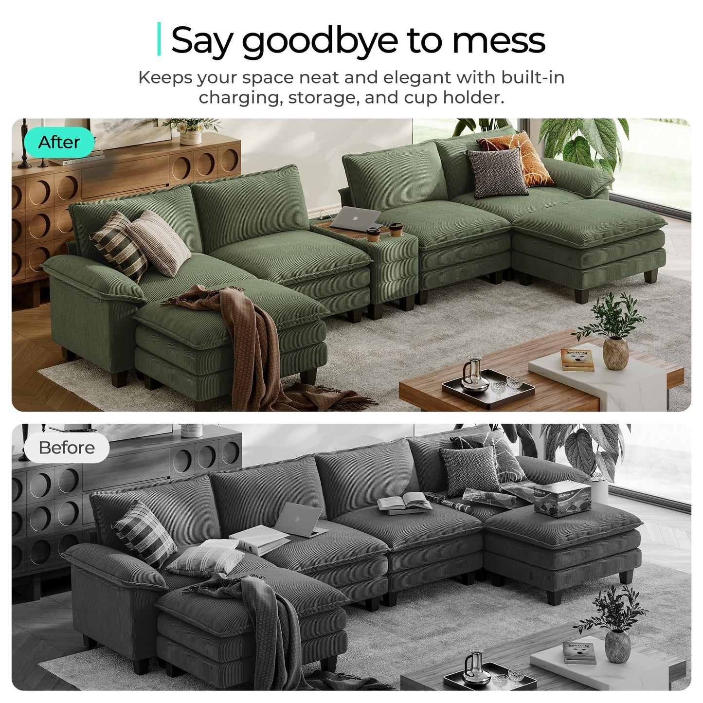 LINSY HOME Modular Sectional Sofa for Living Room, Corduroy Cloud Couch with Storage Console, USB Charging, Cup Holders, Comfy Modern Modular Cloud Couches with Movable Ottoman (Green)