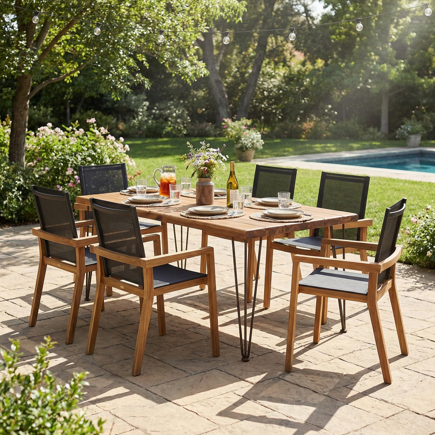 Christopher Knight Home Zion Acacia Wood Outdoor Dining Set for 6, 7 Piece Patio Dining Table and Chair Set, Wooden Outdoor Dining Armchair and Table Set, Teak+Dark Grey