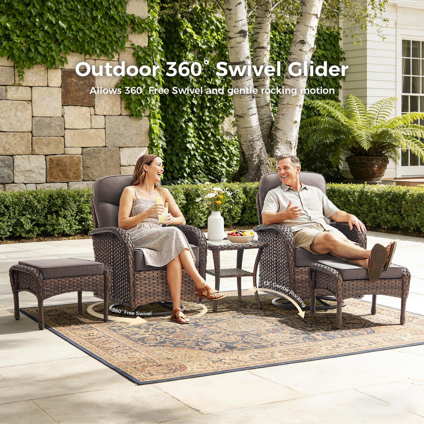 Luxury Outdoor Swivel Rocker Patio Chairs with 6-Inch Thick Cushions, High Back Swivel Glider Patio Chairs, 3PCS Wicker Outdoor Furniture Set for Porch, Patio, Yard, Deck, Poolside, Brown/Grey