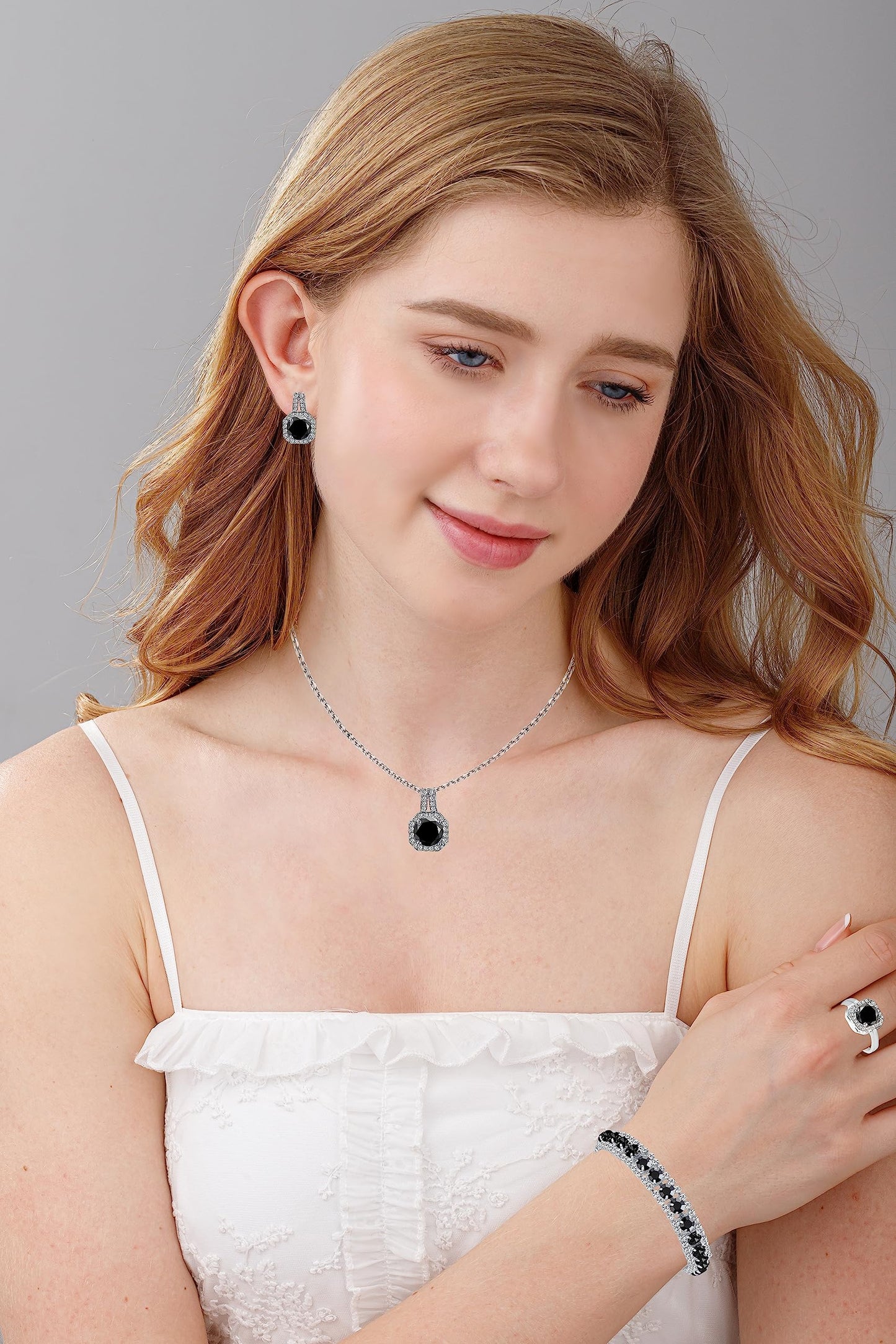 Paxuan Crystal Rhinestone Wedding Jewelry Sets Bridal Pendant Necklace Stud Earrings Link Bracelets Rings Set for Women (Platinum Plated Black Cubic Zirconia)