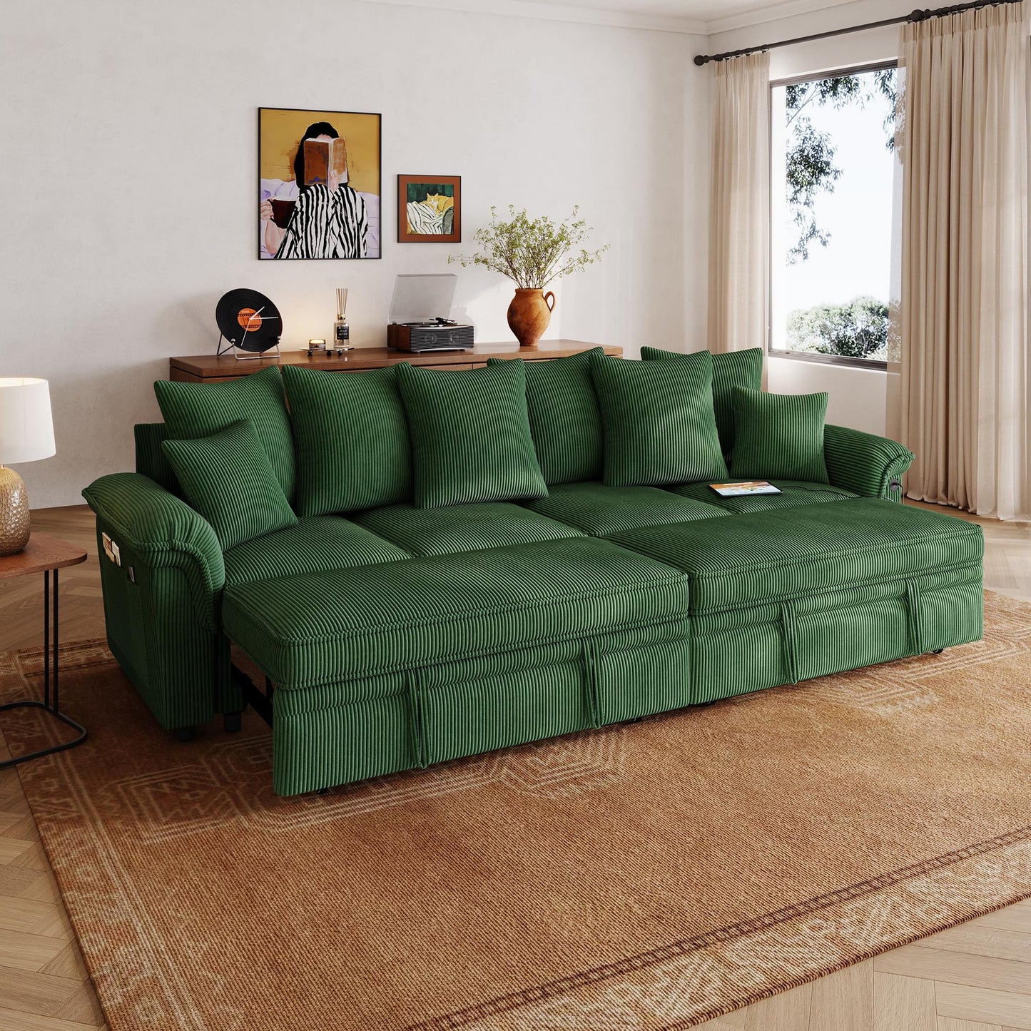 LINSY HOME Oversized Sectional Sleeper Sofa with Pull Out Couch Bed (Green, 110.5'')