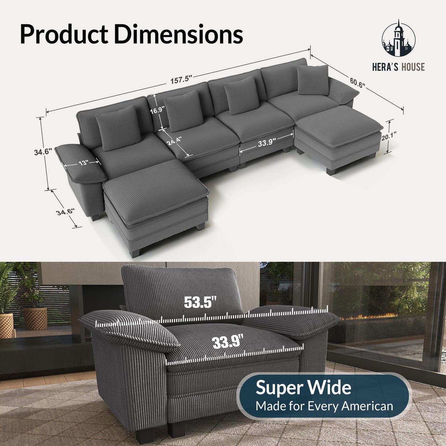 HERA'S HOUSE 158" Modular Sectional Sofa, Oversized U Shaped Couches for Living Room, Comfy Cloud Couch with Ottoman, 6-Seater Deep Seat Sofa with Throw Pillow, Corduroy Grey