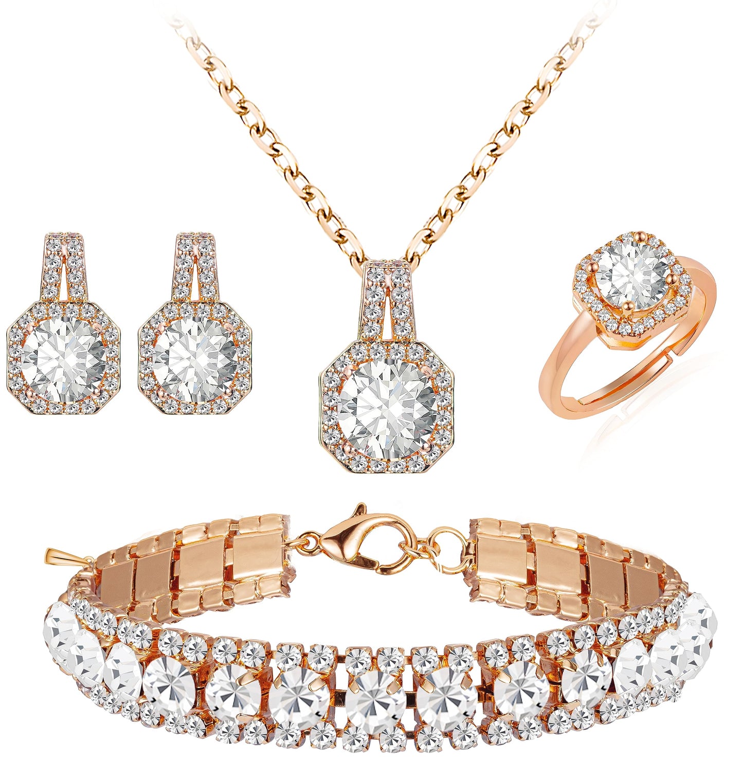Paxuan Crystal Rhinestone Wedding Jewelry Sets Bridal Pendant Necklace Stud Earrings Link Bracelets Rings Set for Women (Gold Plated White Cubic Zirconia)