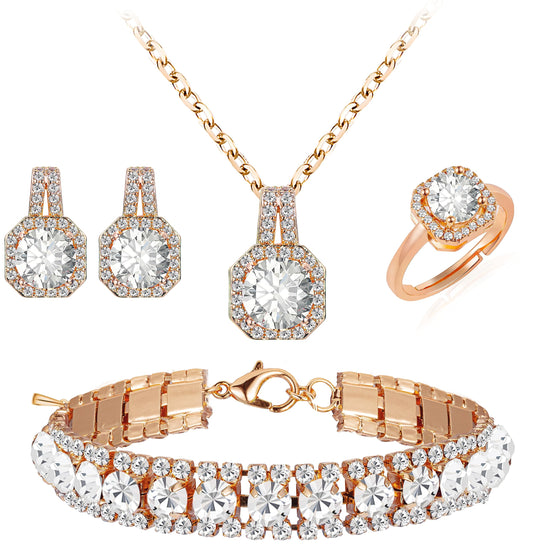 Paxuan Crystal Rhinestone Wedding Jewelry Sets Bridal Pendant Necklace Stud Earrings Link Bracelets Rings Set for Women (Gold Plated White Cubic Zirconia)