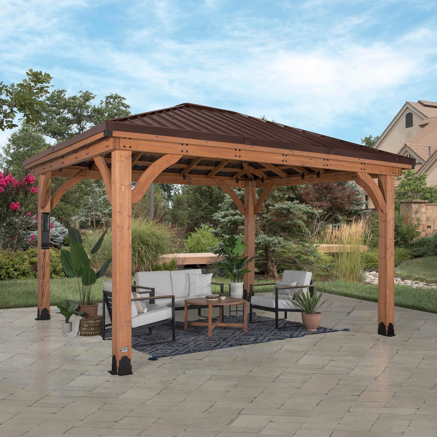 Backyard Discovery Barrington 14' x 10' Cedar Wood Outdoor Gazebo Pavilion with Hardtop Galvanized Steel Hip Roof, Snow Support, Wind Resistance, PowerPort, Shade for Garden, Patio, Deck, Entertaining