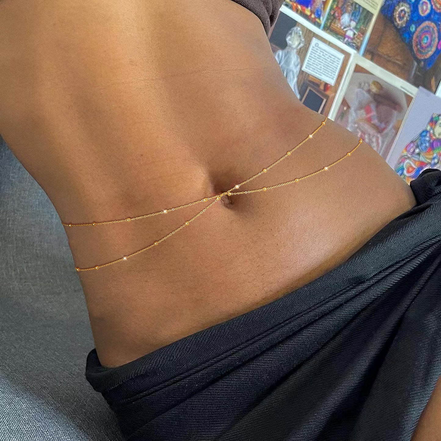 MFRYK 2PCS 14K Gold Plated Waist Chain Layered Double Beaded Satellite Belly Body Chain Boho Beach Waist Chains For Women Adjustable Waterproof Sexy Bikini Body Chain Jewelry For Women