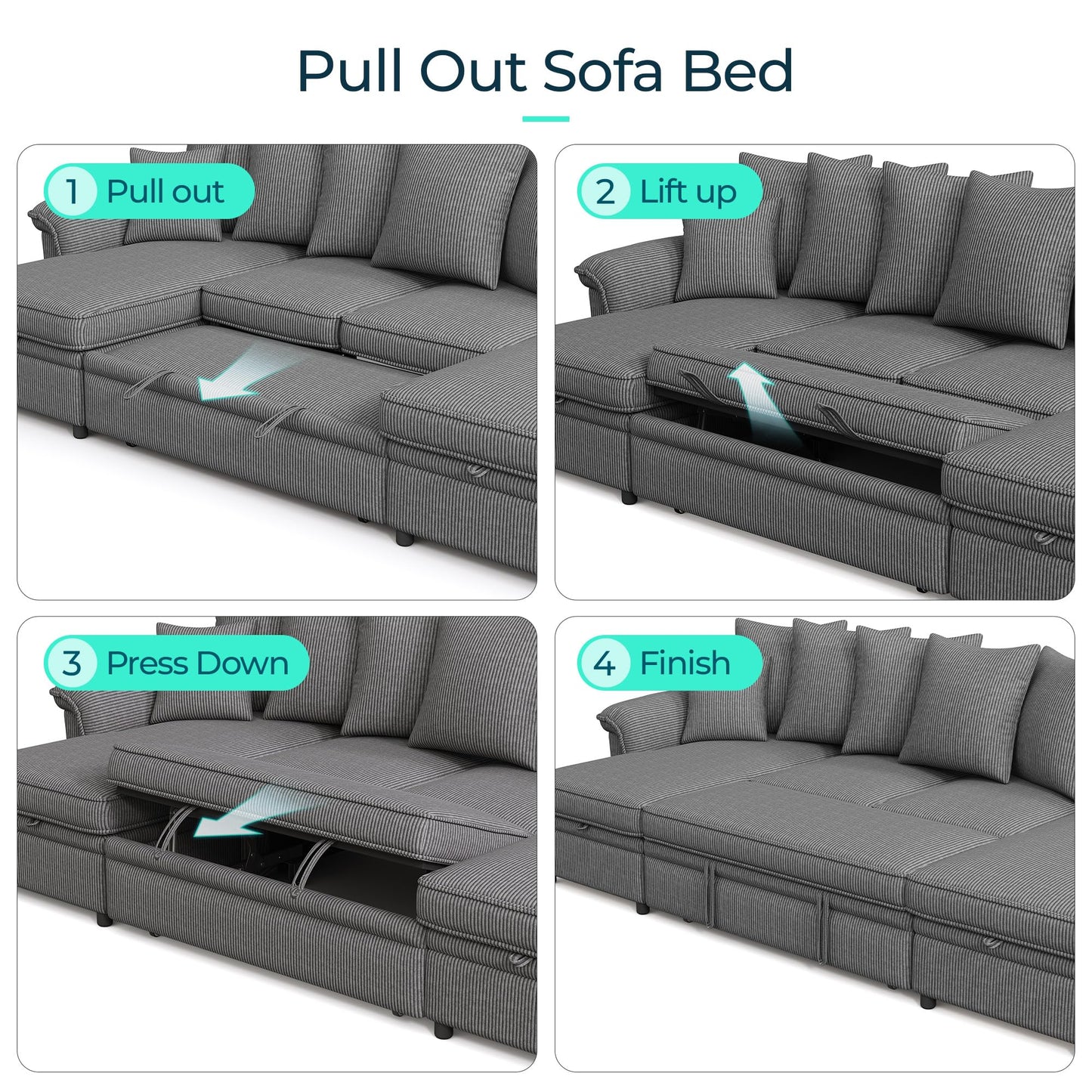LINSY HOME Oversized Sectional Sleeper Sofa with Pull Out Couch Bed (Gray, 118.5'')
