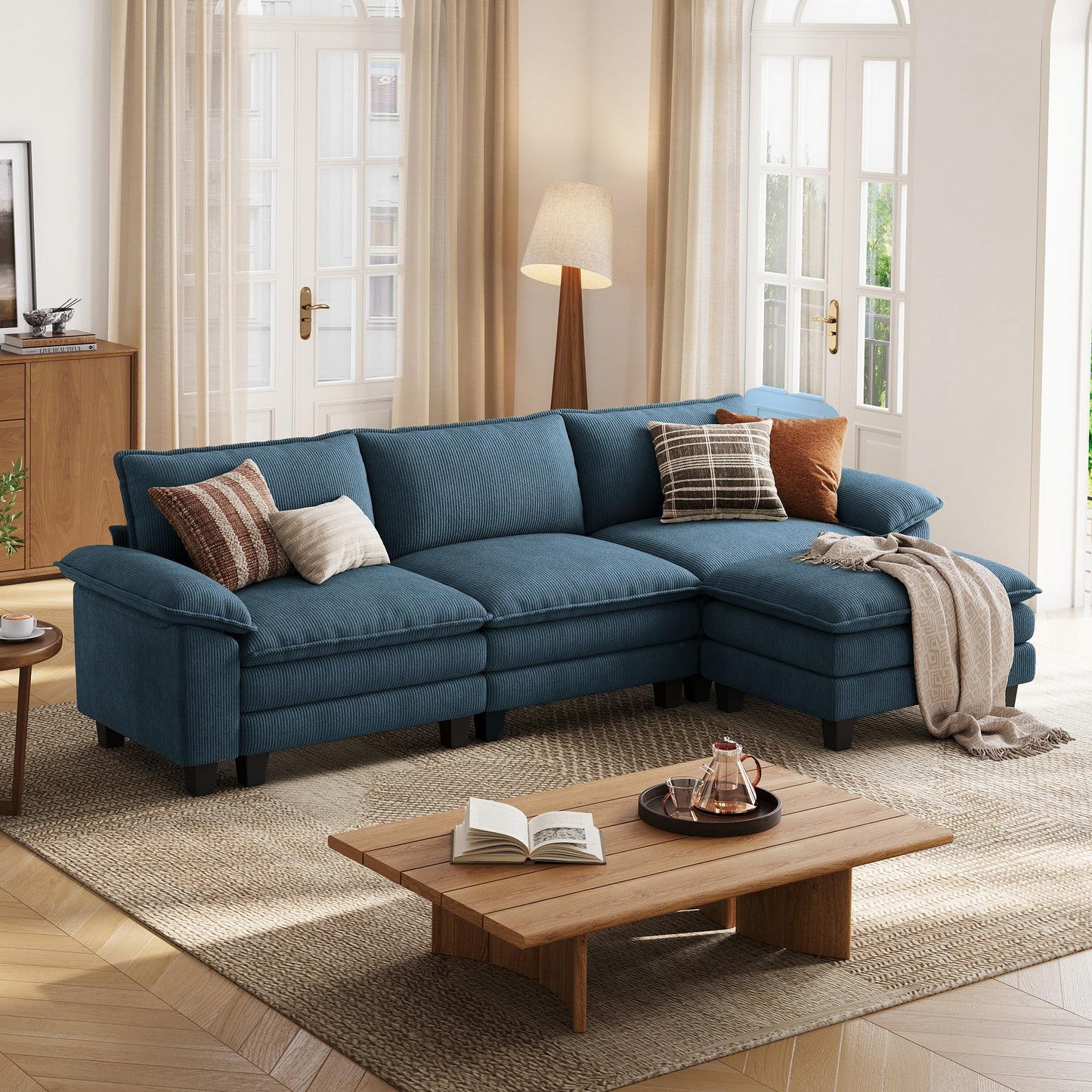 LINSY HOME 123'' Modular Sectional Sofa Blue Couch Corduroy Cloud Couches for Living Room, L Shaped Couch with Movable Ottoman, Modern Cloud Sectional Sofas for Bedroom and Apartment, Blue