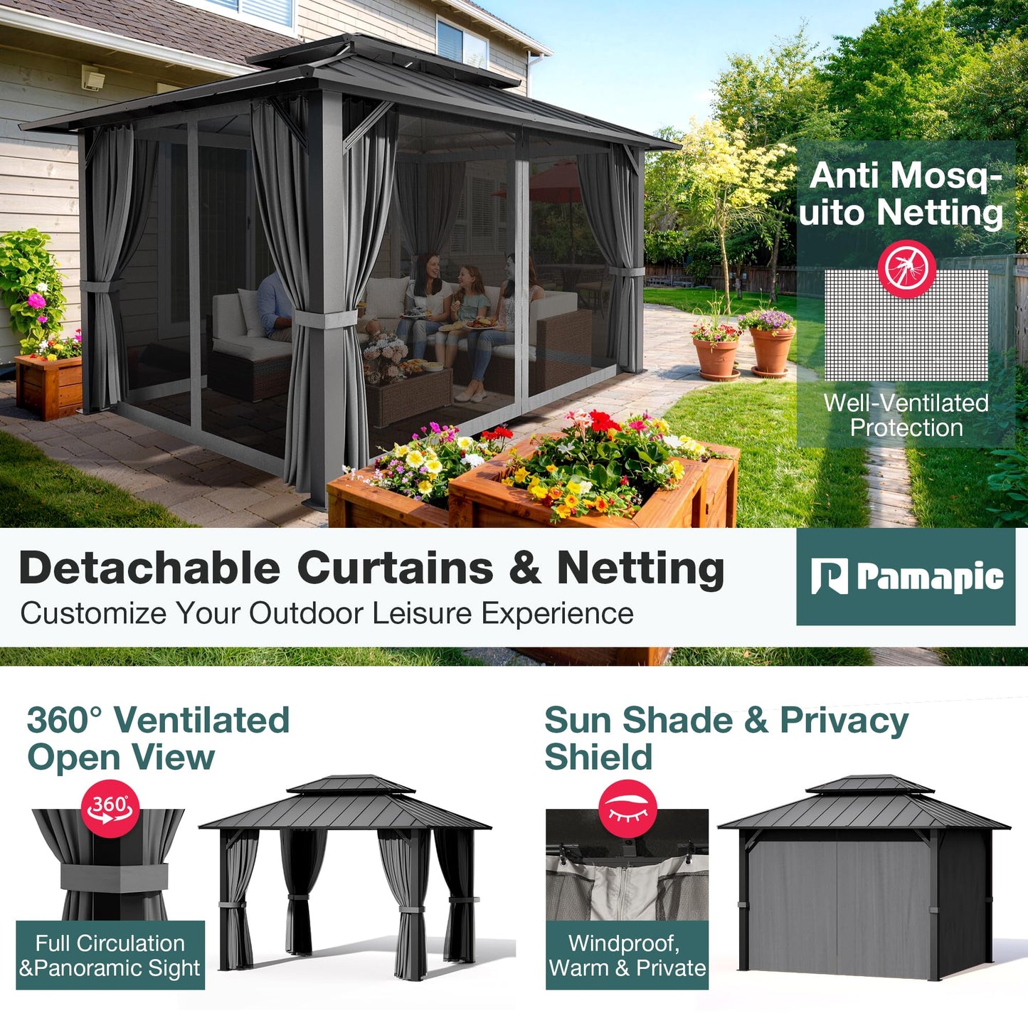 PAMAPIC 10x12FT Hardtop Gazebo,Galvanized Steel Double Roof with Aluminum Frame,Outdoor Permanent Pavilion with Breathable Netting & Privacy Curtain for Patio,Backyard,Deck,Lawn,Gray