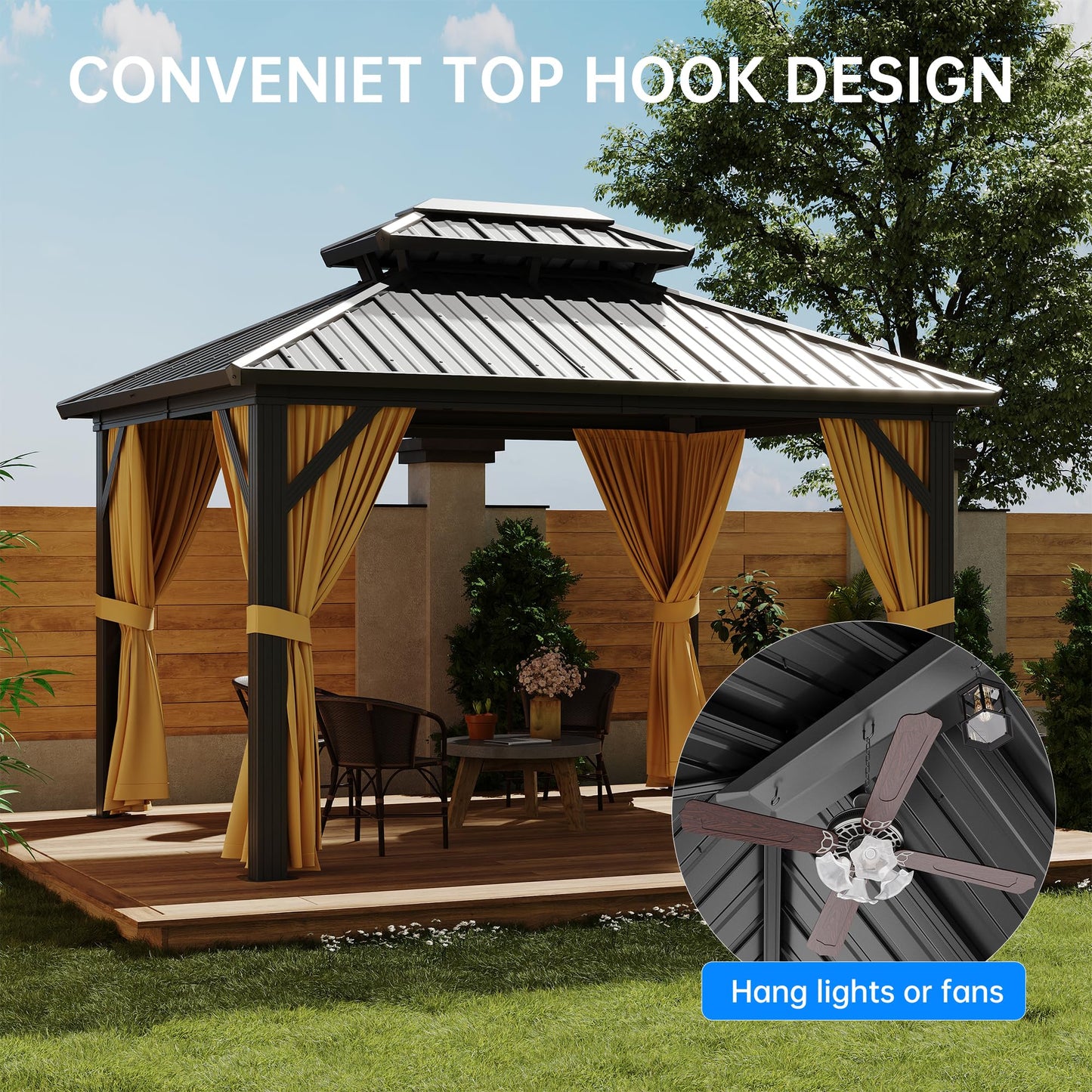 10x12FT Hardtop Gazebo, Heavy-Duty Aluminum Frame Canopy with Galvanized Steel Double Roof, Outdoor Pergola with Mosquito Netting & Waterproof Curtains for Patio, Backyard, Deck & Lawn